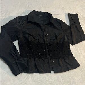 Carmen Marc Valvo Black Beaded Waist Button-Down Shirt